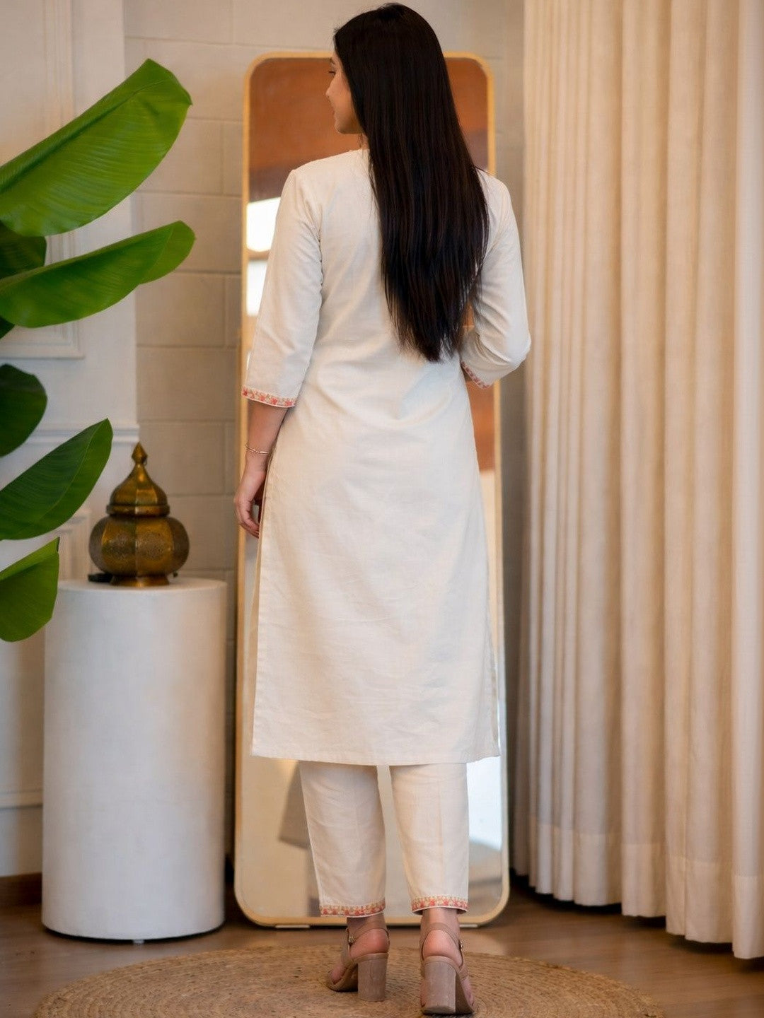 Off White Embroidered Cotton Flex Kurta and Pant Set
