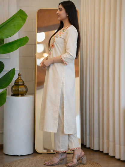 Off White Embroidered Cotton Flex Kurta and Pant Set