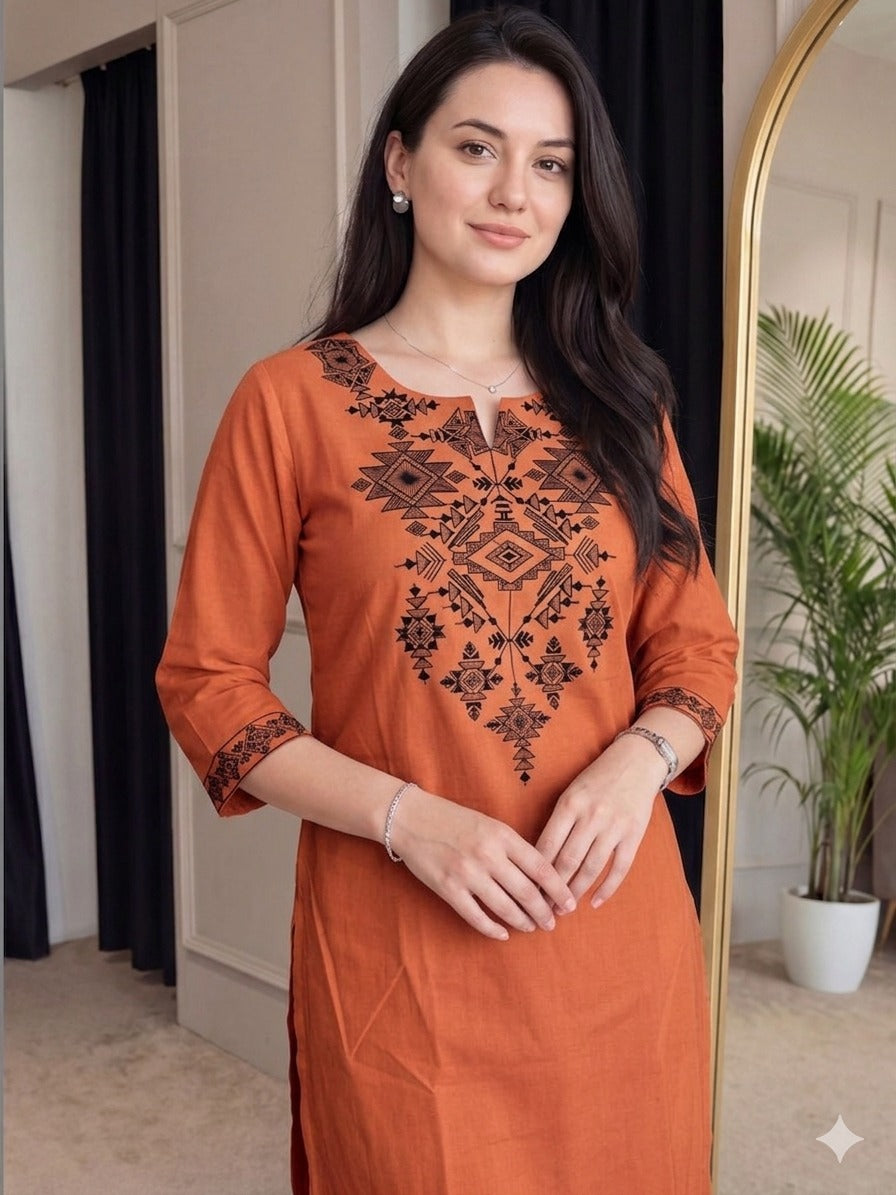 Rust Orange Embroidered Cotton Flex Kurta and Pant Set