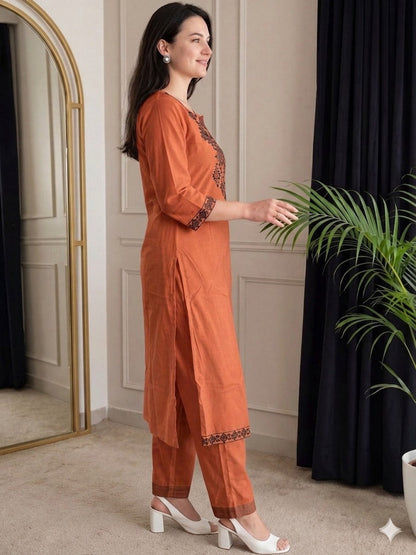 Rust Orange Embroidered Cotton Flex Kurta and Pant Set
