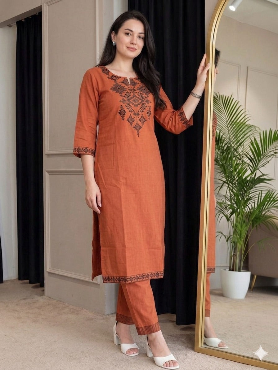 Rust Orange Embroidered Cotton Flex Kurta and Pant Set
