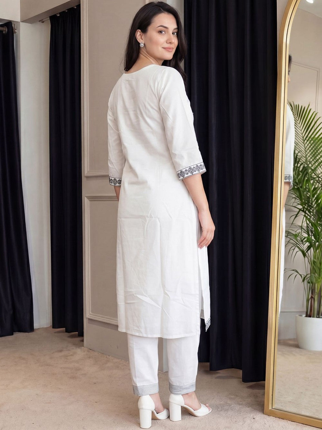 White Embroidered Cotton Flex Kurta and Pant Set