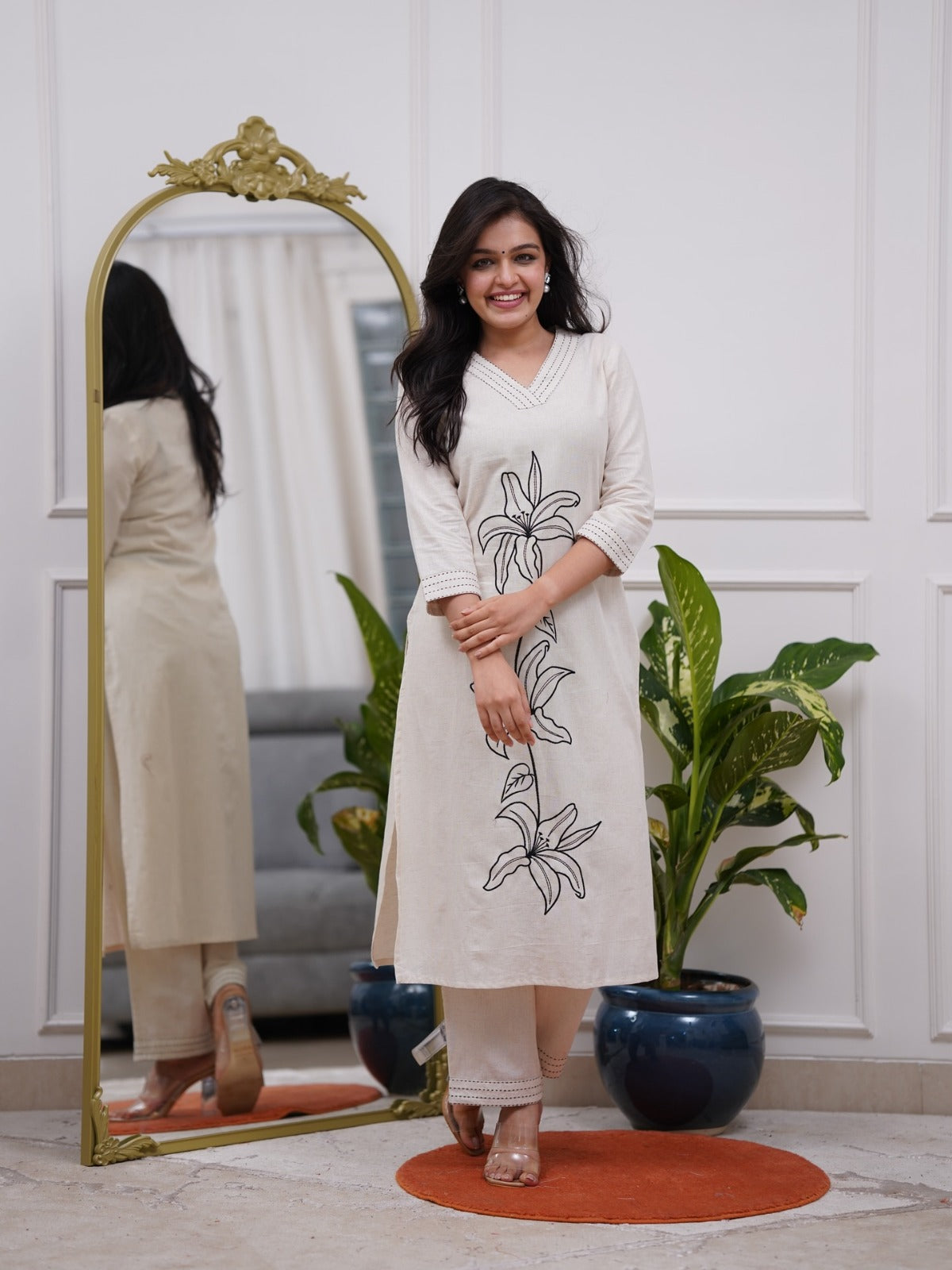 White Embroidered Cotton Flex Kurta and Pant Set