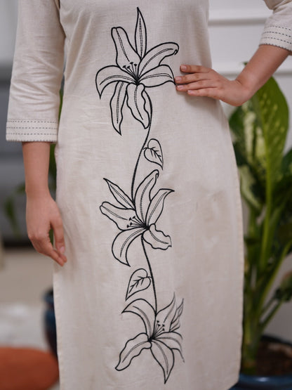 White Embroidered Cotton Flex Kurta and Pant Set