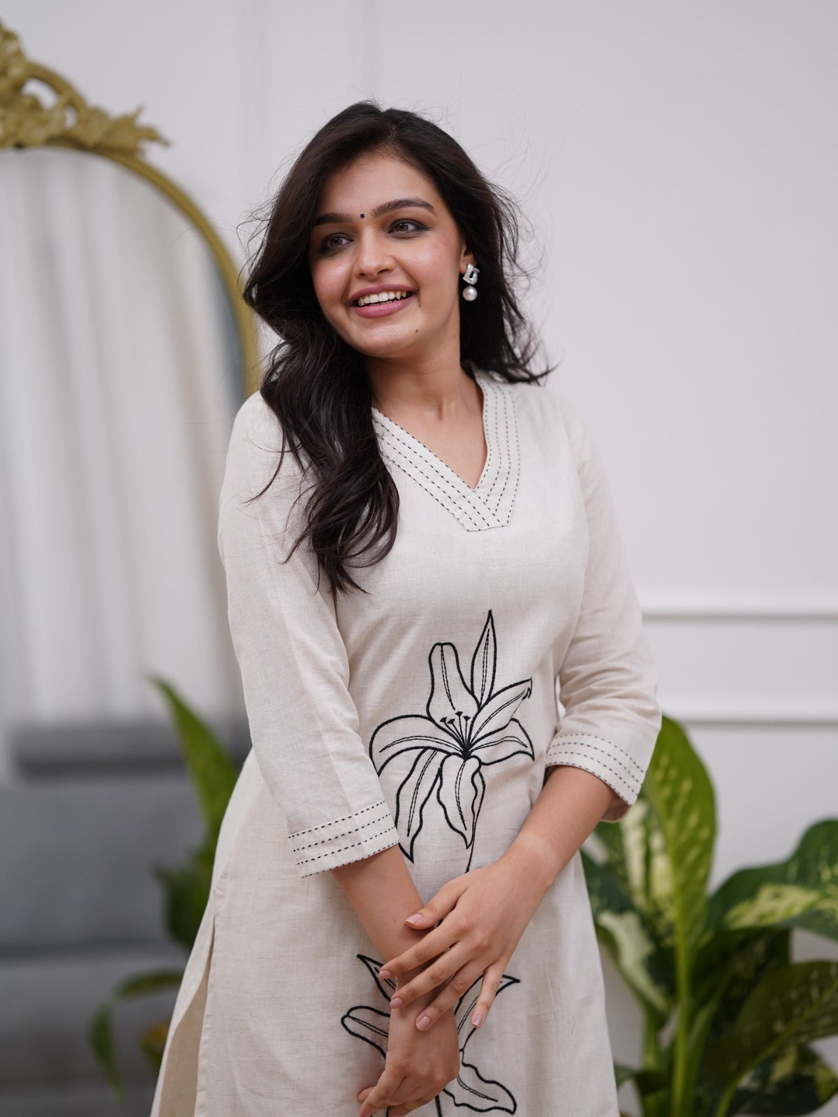 White Embroidered Cotton Flex Kurta and Pant Set
