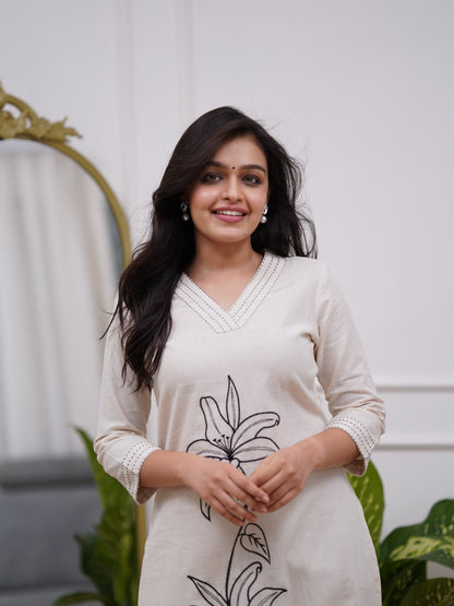 White Embroidered Cotton Flex Kurta and Pant Set