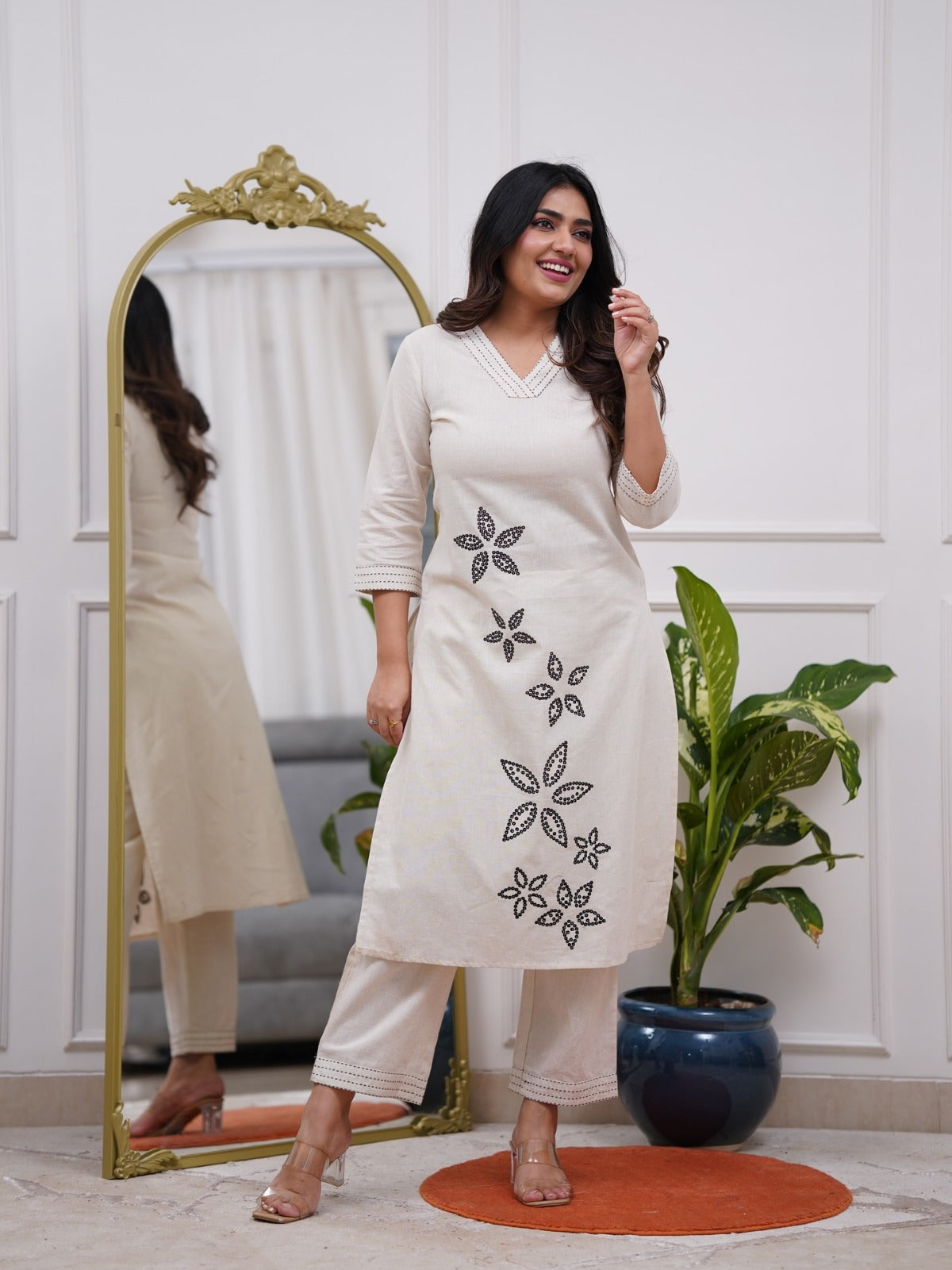 White Embroidered Cotton Flex Kurta and Pant Set