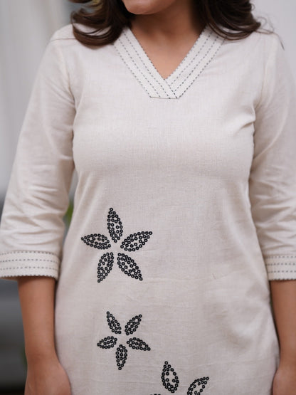 White Embroidered Cotton Flex Kurta and Pant Set