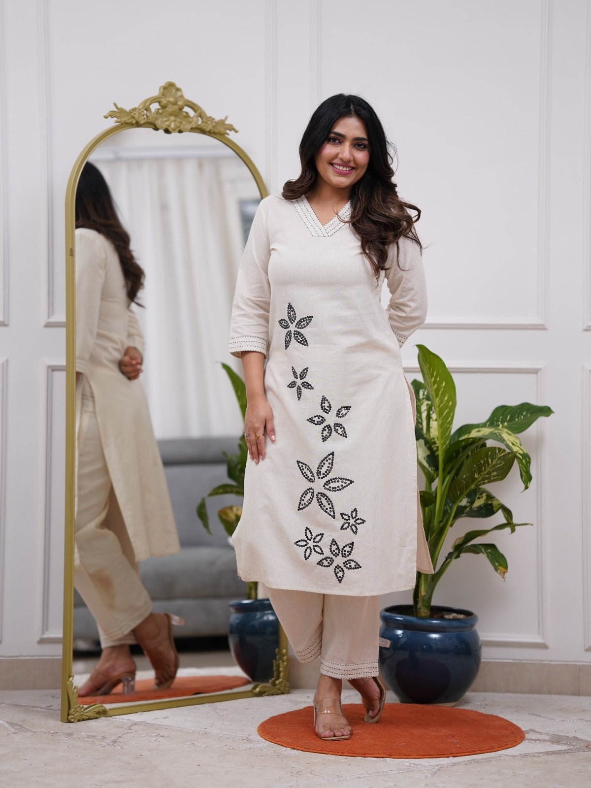 White Embroidered Cotton Flex Kurta and Pant Set