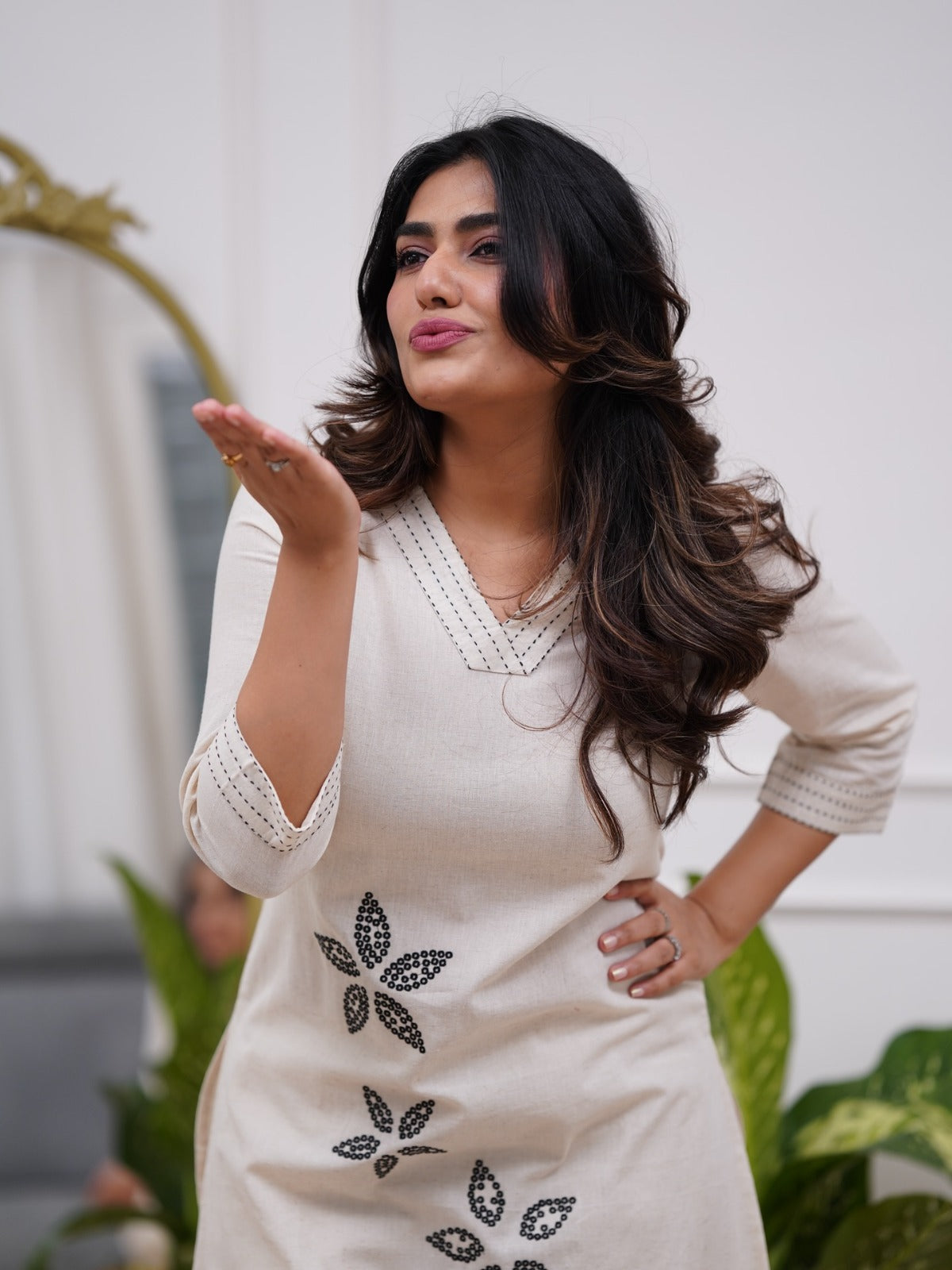 White Embroidered Cotton Flex Kurta and Pant Set