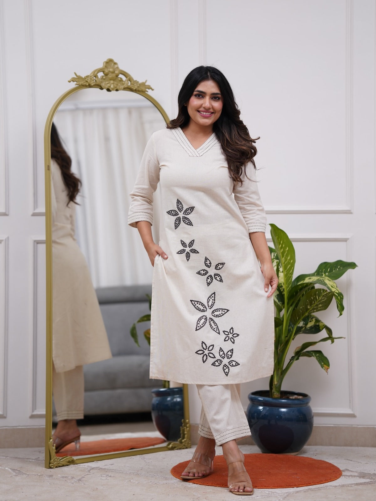White Embroidered Cotton Flex Kurta and Pant Set
