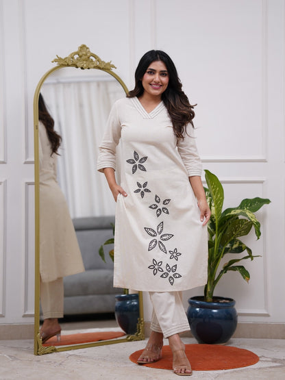 White Embroidered Cotton Flex Kurta and Pant Set
