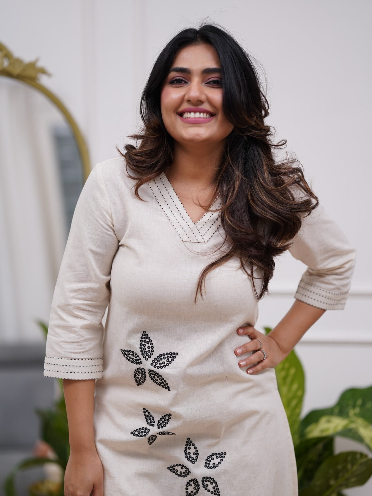 White Embroidered Cotton Flex Kurta and Pant Set