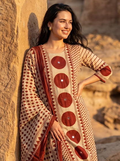 Beige Maroon Printed Cotton Kurta and Pant Set with Dupatta