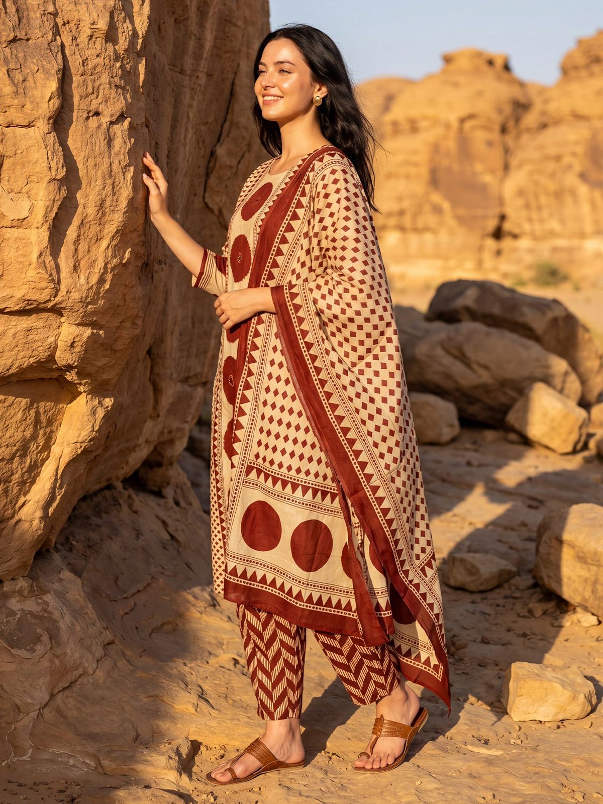 Beige Maroon Printed Cotton Kurta and Pant Set with Dupatta