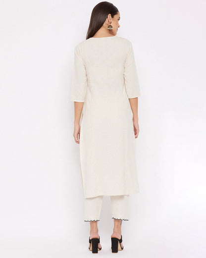 White Embroidered Cotton Flex Kurta and Pant Set