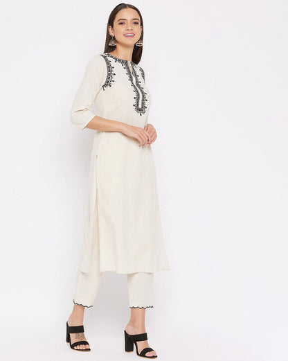 White Embroidered Cotton Flex Kurta and Pant Set