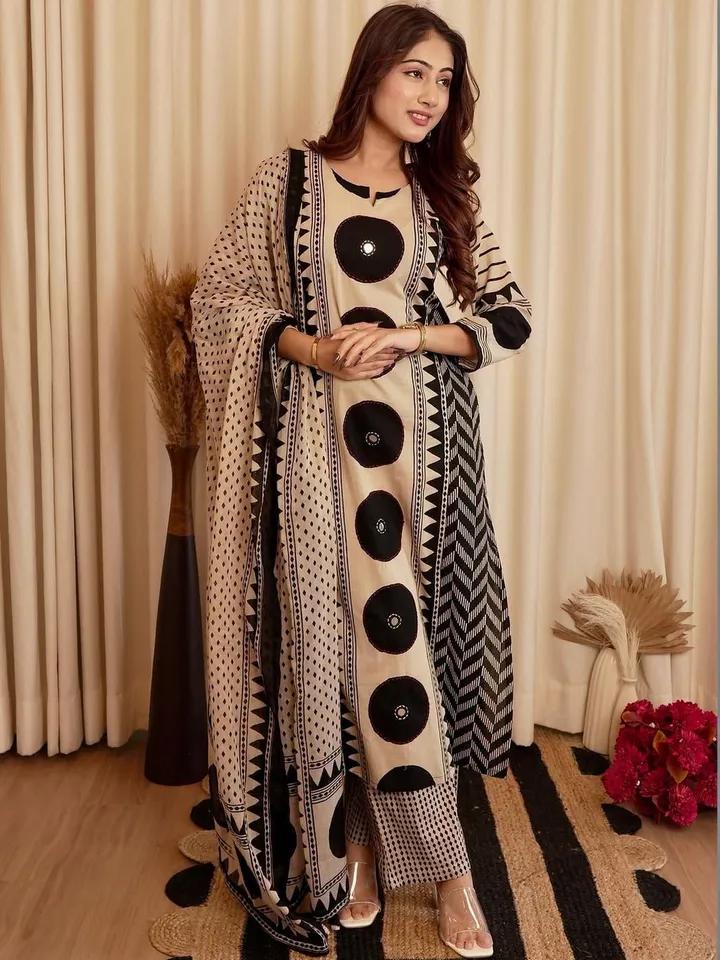 Beige Black Printed Cotton Kurta and Pant Set with Dupatta