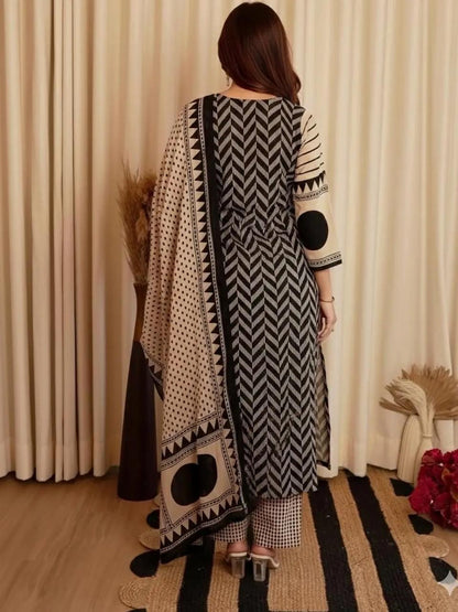 Beige Black Printed Cotton Kurta and Pant Set with Dupatta