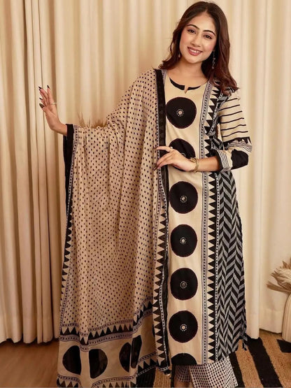 Beige Black Printed Cotton Kurta and Pant Set with Dupatta