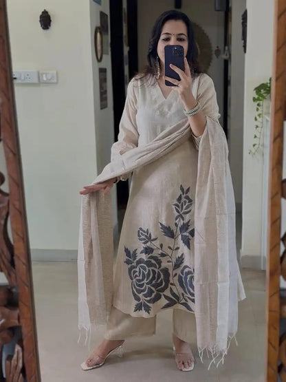 Off White Embroidered Cotton Flex Kurta and Pant Set with Dupatta