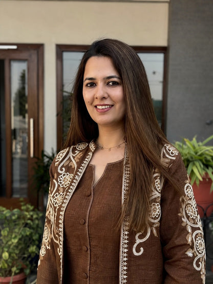 Brown Embroidered Cotton Flex Top and Pant Set with Jacket