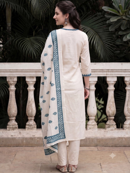 Off White Embroidered Cotton Kurta and Pant Set with Dupatta