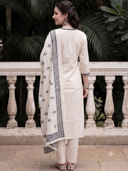 Off White Embroidered Cotton Flex Kurta and Pant Set with Dupatta