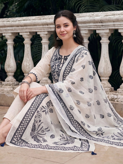 Off White Embroidered Cotton Flex Kurta and Pant Set with Dupatta