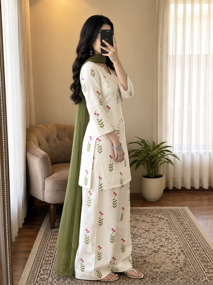White Printed Cotton Kurta and Pant Set with Dupatta