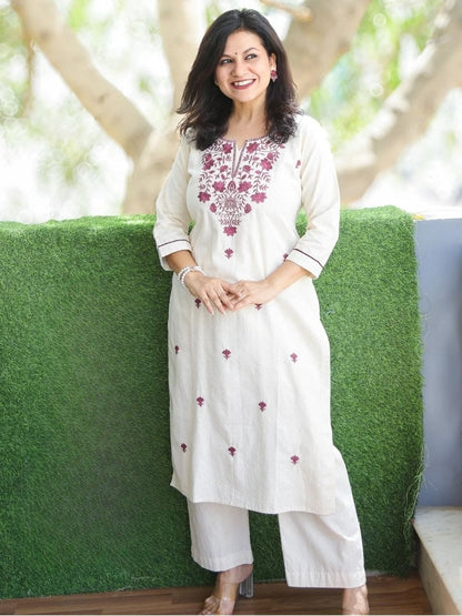 Off White Embroidered Cotton Kurta and Pant Set
