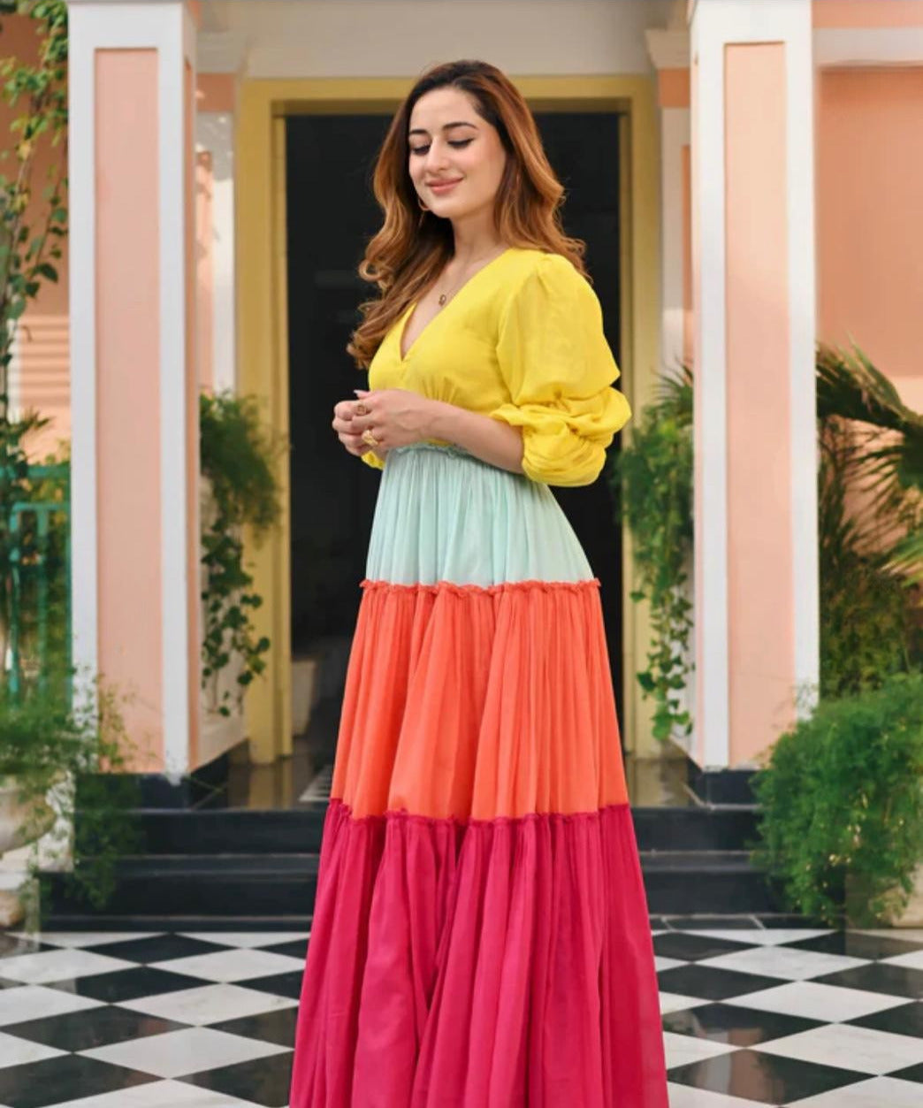 Yellow Orange Multicolored Embellished Cotton Anarkali Gown