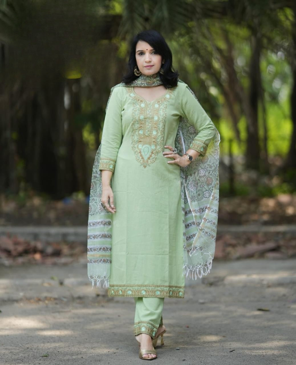 Light Green Embroidered Cotton Kurta and Pant Set with Dupatta