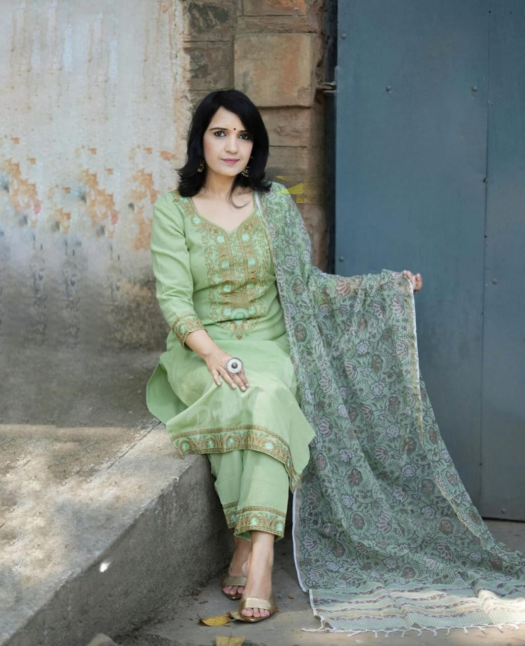 Light Green Embroidered Cotton Kurta and Pant Set with Dupatta