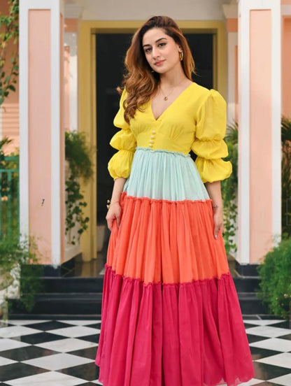 Yellow Orange Multicolored Embellished Cotton Anarkali Gown