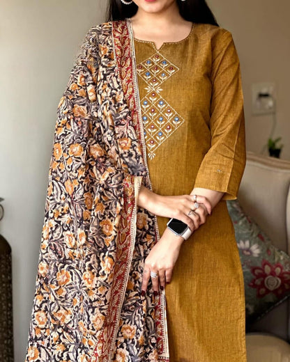 Ruddy Brown Embroidered Handloom Cotton Suit Set with Dupatta